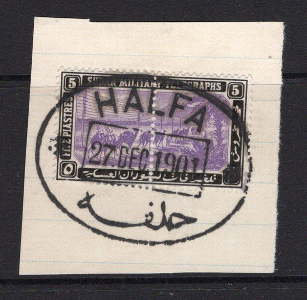 SUDAN - 1898 - TELEGRAPHS: 5p violet & black 'Military Telegraph' issue, a complete stamp (both halves joined) tied on piece by fine strike of fancy oval 'HALFA cancel dated 27 DEC 1901. (Hiscocks #22)  (SUD/16170)