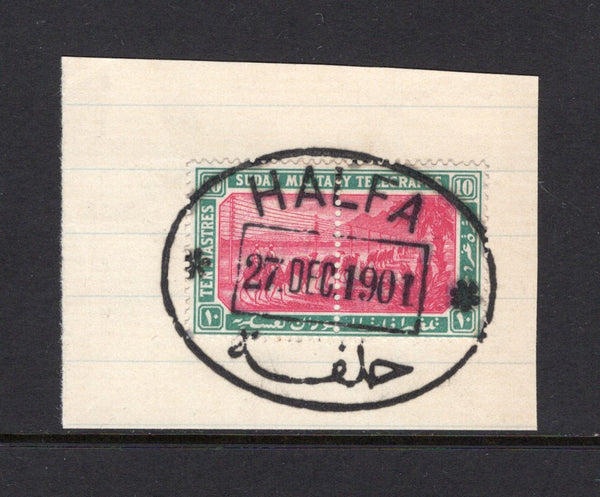 SUDAN - 1898 - TELEGRAPHS: 10p rose & green 'Military Telegraph' issue, watermark 'Star & Crescent', a complete stamp (both halves joined) tied on piece by fine strike of fancy oval HALFA cancel dated 27 DEC 1901. (Barefoot #19)  (SUD/16172)