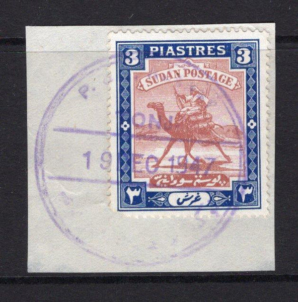SUDAN - 1927 - CANCELLATION: 3p red brown & blue 'Camel Postman' issue tied on piece by fine strike of large P.AGENCY TONJ cds dated 19 DEC 1947. Unrecorded cancel. (SG 44b)  (SUD/16182)