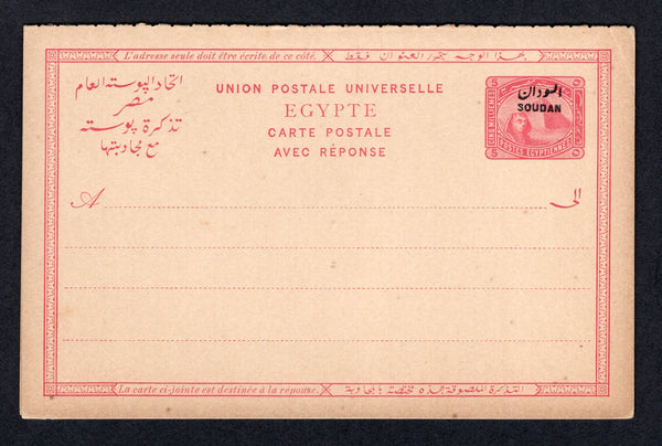 SUDAN - 1899 - POSTAL STATIONERY: 5m + 5m carmine on buff postal stationery reply card of Egypt with 'SOUDAN' overprint (H&G 3). A fine unused example.  (SUD/22574)