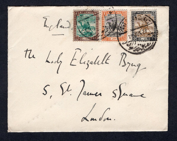 SUDAN - 1927 - TRAVELLING POST OFFICES: Cover franked with 1927 1m black & orange, 4m green & chocolate and 5m olive brown & black 'Small Camel' issue (SG 37 & 40/41) tied by PORT SUDAN QUAYS cds's. Addressed to UK with good strike of SHELLAL - HALFA T.P.O. No.2 cds on reverse with PORT SUDAN transit cds.  (SUD/22598)