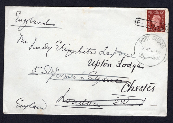 SUDAN - 1939 - MARITIME MAIL: Cover with 'P & O' imprint on flap franked with Great Britain 1937 1½d red brown GVI issue (SG 464) tied by boxed 'PAQUEBOT' marking with fine PORT SUDAN cds alongside. Addressed to UK with arrival cds on reverse.  (SUD/22617)