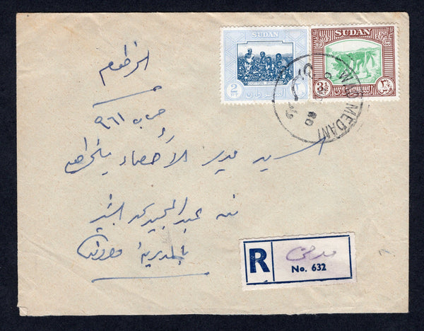 SUDAN - 1960 - REGISTRATION & CANCELLATION: Registered cover franked with 1951 2p deep blue & pale blue and 3½pt bright green & red brown (SG 130 & 132) tied by WAD MEDANI cds with plain blue & white registration label alongside with manuscript 'WAD MEDANI' added in Arabic. Addressed to KHARTOUM with arrival cds on reverse.  (SUD/22661)