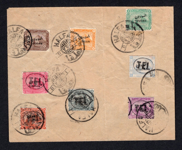 SUDAN - 1898 - FORGERY: Unaddressed envelope franked with FORGED 1897 1m pale brown, 2m green & 3m orange yellow 'SOUDAN' overprint issue plus 1897 5m carmine, 1p ultramarine, 2p orange brown, 5p slate & 10p mauve 'SOUDAN' overprint issue with large 'TEL' in oval TELEGRAPH handstamps (Barefoot #4/8) all tied by FORGED HALFA cds's dated 1898. An unusual item.  (SUD/22667)