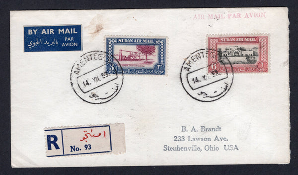 SUDAN - 1953 - REGISTRATION & CANCELLATION: Registered cover franked with 1950 3pt reddish purple & blue and 6pt black & carmine (SG 117 & 121) tied by two strikes of AMENTEGO cds with plain blue & white registration label with Arabic 'AMENTEGO' inserted in red manuscript. Sent airmail to USA with airmail label. Arrived in the USA open and officially sealed with black & white seal across flap. Transit & arrival marks on reverse. A scarce origination.  (SUD/26281)