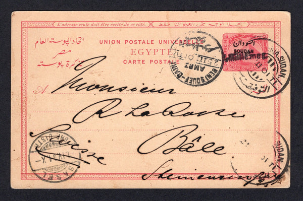 SUDAN - 1901 - POSTAL STATIONERY & TRAVELLING POST OFFICES: 4m on 5m carmine on buff postal stationery card of Egypt with 'SOUDAN' overprint (H&G 4) used with TEWFEKIA SUDAN cds's dated 21 III 1901. Addressed to SWITZERLAND with fine strike of BENI SOUEFF-CAIRE AMBT cds on front. A very scarce card in used condition.  (SUD/30915)