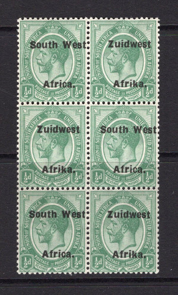 SOUTH WEST AFRICA - 1923 - MULTIPLE: ½d green 'GV Head' issue with 'ZUIDWEST AFRICA' overprint, setting VI, a fine mint block of six. (SG 29)  (SWA/16004)