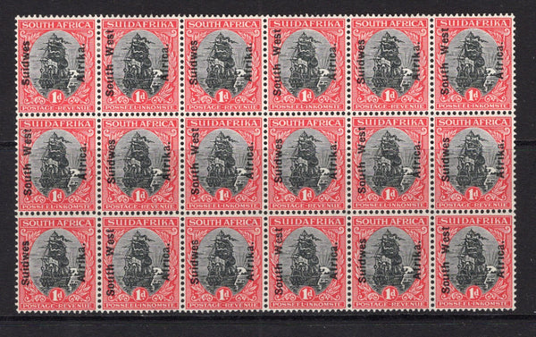 SOUTH WEST AFRICA - 1927 - MULTIPLE: 1d black & carmine 'Ship' issue with 'SOUTH WEST AFRICA' overprint (English opt on Afrikaans stamp), a fine mint block of eighteen. (SG 46)  (SWA/16012)