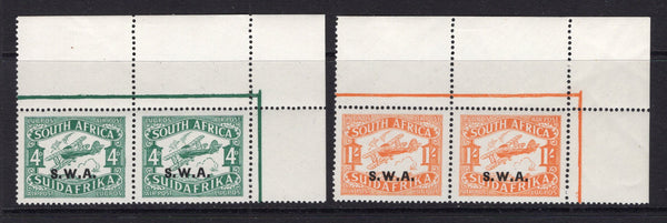 SOUTH WEST AFRICA - 1930 - AIRMAILS: 4d green and 1/- orange AIR issue with large 'S.W.A.' overprint, the set of two in fine unmounted mint corner marginal pairs. (SG 72/73)  (SWA/16026)