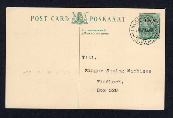 SOUTH WEST AFRICA - 1940 - POSTAL STATIONERY: ½d green postal stationery card with 'S.W.A.' overprint (H&G 15) used with fine OKAHANDJA cds. Addressed to WINDHOEK.  (SWA/22523)
