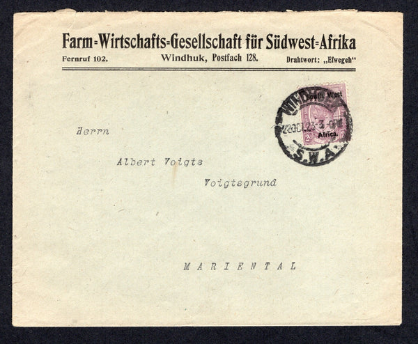 SOUTH WEST AFRICA - 1923 - PROVISIONAL ISSUE: Cover franked with single 1923 2d dull purple GV Head issue with 'South West Africa' overprint (SG 18) tied by WINDHOEK cds. Addressed to MARIENTHAL with arrival cds on reverse.  (SWA/22526)