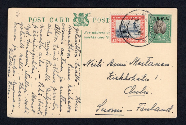 SOUTH WEST AFRICA - 1932 - POSTAL STATIONERY & DESTINATION: ½d black & green postal stationery card of South Africa with 'S.W.A.' overprint (H&G 11) used with added 1931 1d indigo & scarlet (SG 75) tied by ONDONGUA cds dated 6 FEB 1932. Addressed to FINLAND.  (SWA/31666)