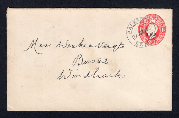 SOUTH WEST AFRICA - 1931 - POSTAL STATIONERY: 1d red on white GV postal stationery envelope of South Africa with 'S.W.A.' overprint (H&G B5a, curved flap) used with fine KALKFELD cds dated 22 JUN 1931. Addressed to WINDHOEK with arrival cds on reverse.  (SWA/33492)