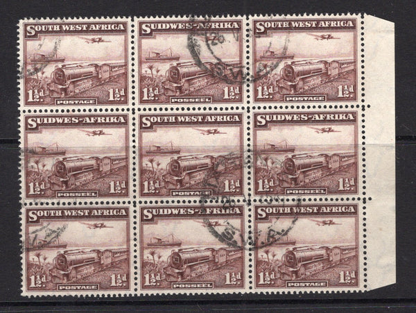 SOUTH WEST AFRICA - 1937 - TRAIN ISSUE: 1½d purple brown 'Mail Train' issue a fine cds used side marginal block of nine. (SG 96)  (SWA/34564)