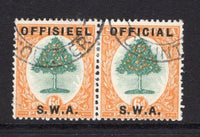 SOUTH WEST AFRICA - 1929 - OFFICIAL ISSUE: 6d green & orange with horizontal 'OFFICIAL S.W.A.' official overprint in black, a fine cds used horizontal pair. (SG O8)  (SWA/34565)