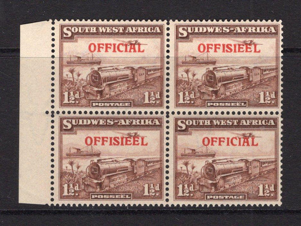 SOUTH WEST AFRICA - 1945 - OFFICIAL ISSUE: 1½d purple brown 'Mail Train' issue with 'OFFICIAL' overprint in red (Type 2), a fine mint side marginal block of four. (SG O20)  (SWA/34570)