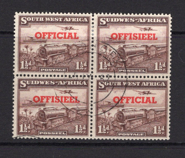 SOUTH WEST AFRICA - 1945 - OFFICIAL ISSUE: 1½d purple brown 'Mail Train' issue with 'OFFICIAL' overprint in red (Type 3), a fine cds used block of four. (SG O25)  (SWA/34571)