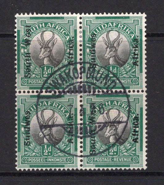 SOUTH WEST AFRICA - 1926 - MULTIPLE: ½d black & green 'Springbok' issue with 'SOUTH WEST AFRICA' overprint, a fine block of four used with central SWAKOPMUND cds dated 7. 4. 1926. (SG 41)  (SWA/34714)