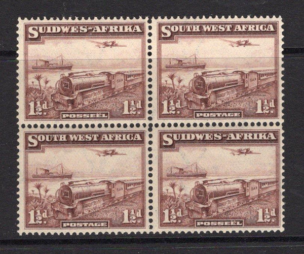 SOUTH WEST AFRICA - 1937 - TRAIN ISSUE: 1½d purple brown 'Mail Train' issue a fine unmounted mint block of four. (SG 96)  (SWA/34716)