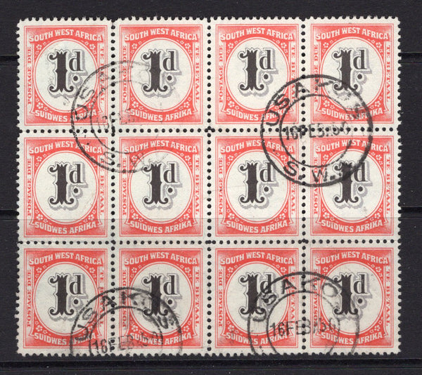 SOUTH WEST AFRICA - 1931 - POSTAGE DUE & MULTIPLE: 1d black & scarlet 'Postage Due' issue, a superb used block of twelve with USAKOS cds's dated 16 FEB 1950. (SG D48)  (SWA/34826)