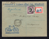 SOUTH WEST AFRICA - 1927 - ADVERTISING: Cover with printed 'Howaldt & Vollmer (Pty) Ltd., Windhoek' illustrated 'Bicycle' advertising cover franked with 1931 1d indigo & scarlet and 1937 4d black & purple (SG 75 & 102) tied by WINDHOEK cds dated 12 DEC 1928. Addressed to SWAKOPMUND with arrival cds on reverse. Very attractive  (SWA/34840)