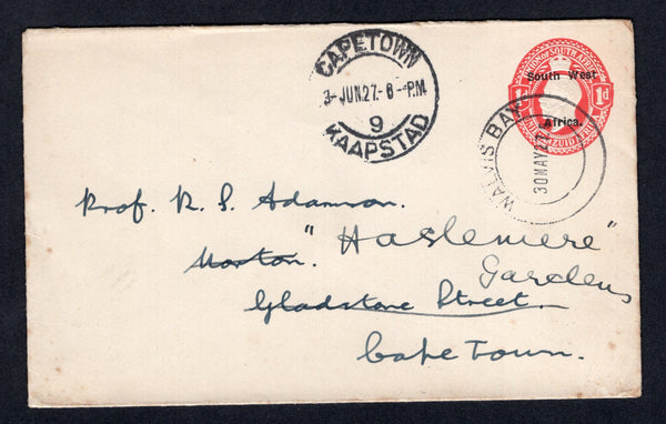 SOUTH WEST AFRICA - 1927 - POSTAL STATIONERY: 1d red on cream GV postal stationery envelope of South Africa with 'South West Africa' overprint in black (H&G 3a) used with fine WALVIS BAY cds dated 30 MAY 1927. Addressed to CAPETOWN, SOUTH AFRICA with arrival cds on front.  (SWA/37114)