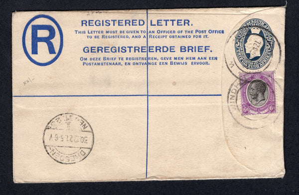 SOUTH WEST AFRICA - 1921 - SOUTH AFRICA USED IN SOUTH WEST AFRICA & POSTAL STATIONERY: 5½d deep blue on creamy white GV postal stationery registered envelope (H&G C4a) used with added 1913 6d black & violet 'GV Head' issue (SG 11) tied by WINDHOEK cds's with boxed 'WINDHOEK' registration marking in black on reverse. Addressed to GERMANY with arrival cds on front.  (SWA/37117)