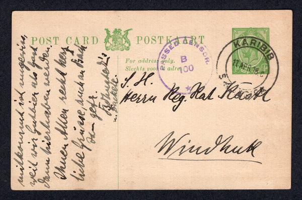 SOUTH WEST AFRICA - 1918 - SOUTH AFRICA USED IN SOUTH WEST AFRICA & POSTAL STATIONERY: ½d yellow green GV Head postal stationery card of South Africa (H&G 1) used with KARIBIB S.W. AFRICA cds dated 11 APR 1918. Addressed to WINDHOEK, censored on arrival with 'PASSED CENSOR B100' marking in purple on front.  (SWA/38093)