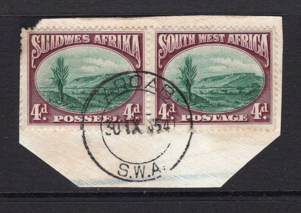 SOUTH WEST AFRICA - 1931 - CANCELLATION: 4d green & purple 'Waterberg' issue, a fine pair tied on piece by AROAB cds dated 30 IX. 1935. (SG 78)  (SWA/38583)