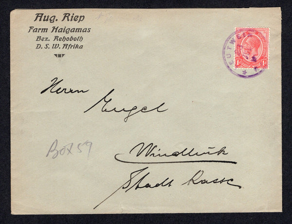 SOUTH WEST AFRICA - 1919 - SOUTH AFRICA USED IN SOUTH WEST AFRICA & CANCELLATION: Cover with printed 'Aug. Riep, Farm Haigamas, Bez. Rehoboth, D.S.W. Afrika' return address on front franked with South Africa 1913 1d rose red GV Head issue (SG 4) tied by fine strike of LEUTWEIN RAIL cds in purple dated 23 JUL 1917. Addressed to WINDHOEK with arrival mark on reverse. A rare cancellation this office was only in operation between June 1916 and Dec 1918.  (SWA/39341)