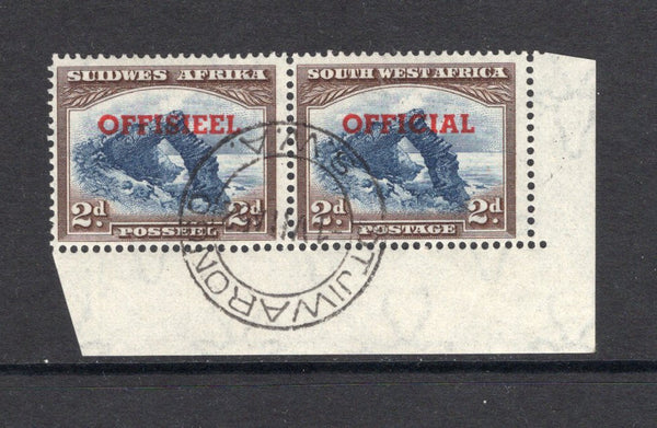 SOUTH WEST AFRICA - 1951 - OFFICIAL ISSUE: 2d blue & brown 'Bogenfels' issue with 'OFFICIAL' overprint in red, a fine used corner marginal pair with OTJIWARONGO cds dated 1 VII 1952. (SG O26)  (SWA/40893)