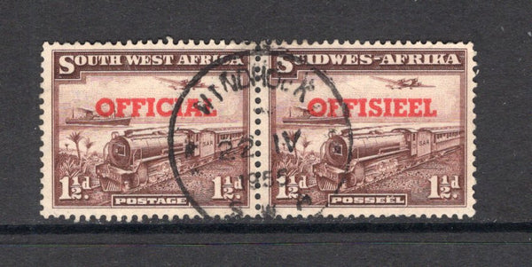 SOUTH WEST AFRICA - 1952 - OFFICIAL ISSUE: 1½d purple brown 'Mail Train' issue with 'OFFICIAL' overprint in deep vermilion, a fine used pair with central WINDHOEK cds dated 22 IV 1955. (SG O30)  (SWA/40894)