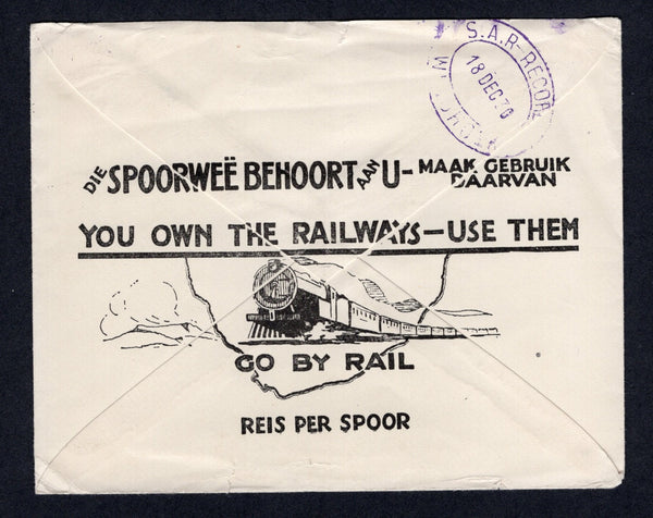 SOUTH WEST AFRICA - 1930 - OFFICIAL MAIL & RAILWAYS: Printed 'On His Majesty's Service South African Railways and Harbours' official cover franked with single 1930 1d black & carmine with 'S.W.A.' overprint (SG 69) tied by WINDHOEK cds dated 18 DEC 1930. Addressed PRIESKA with lovely illustrated 'Railway & Train' advert on reverse with oval S.A.R.-RECORD WINDHOEK marking in purple also dated 18 DEC 1930. Very attractive.  (SWA/40897)