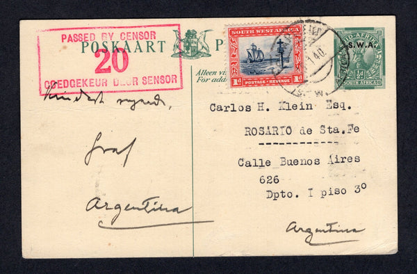 SOUTH WEST AFRICA - 1940 - POSTAL STATIONERY, CENSORSHIP & DESTINATION: ½d green postal stationery card with 'S.W.A.' overprint (H&G 15) used with added 1931 1d indigo & scarlet (SG 75) tied by OMARURU cds dated 15.1.1940 with fine strike of boxed 'PASSED BY CENSOR 20' cachet in bright red on front. Addressed to ARGENTINA. An unusual destination.  (SWA/40899)