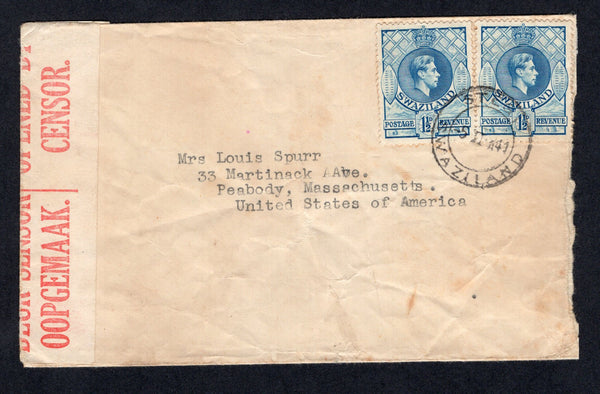 SWAZILAND - 1941 - CANCELLATION & CENSORED MAIL: Cover franked with single 1938 1½d light blue GVI issue (SG 30) tied by STEGI cds. Addressed to USA, censored in transit in South Africa with printed red on white bilingual 'UNION OF SOUTH AFRICA OPENED BY CENSOR' strip at left.  (SWZ/22675)