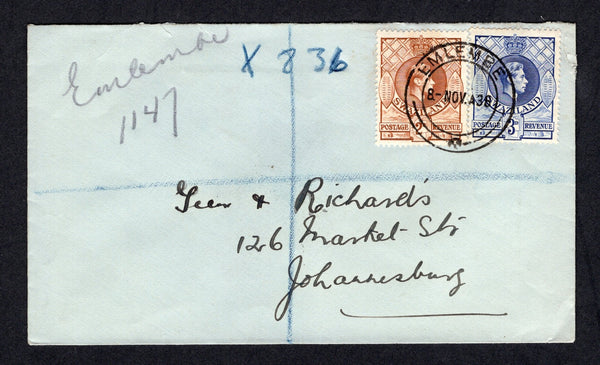 SWAZILAND - 1938 - REGISTRATION: Registered cover franked with 1938 2d yellow brown and 3d ultramarine GVI issue (SG 31 & 32) tied by EMLEMBE cds dated 8 NOV 1938 with manuscript 'Emlembe 1147' registration marking alongside. Addressed to SOUTH AFRICA with BARBERTON transit cds on reverse.  (SWZ/40900)