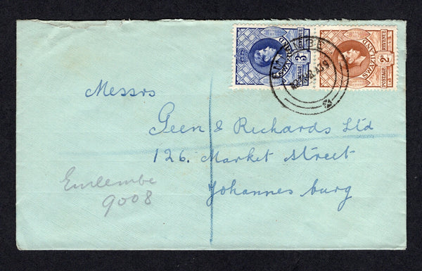 SWAZILAND - 1938 - REGISTRATION: Registered cover franked with 1938 2d yellow brown and 3d deep blue GVI issue (SG 31 & 32a) tied by EMLEMBE cds dated 2 MAR 1939 with manuscript 'Emlembe 9008' registration marking alongside. Addressed to SOUTH AFRICA.  (SWZ/40901)