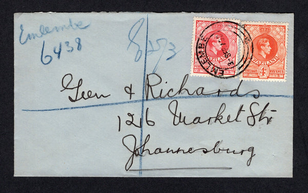 SWAZILAND - 1938 - REGISTRATION: Registered cover franked with 1938 1d rose red and 4d orange GVI issue (SG 29 & 33) tied by EMLEMBE cds dated 3 SEP 1938 with manuscript 'Emlembe 6438' registration marking alongside. Addressed to SOUTH AFRICA with BARBERTON transit cds on reverse.  (SWZ/40902)