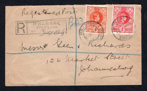 SWAZILAND - 1939 - REGISTRATION: Registered cover franked with 1938 1d rose red and 4d orange GVI issue (SG 29 & 33) tied by MBABANE cds dated 5 SEP 1939 with boxed 'MBABANE SWAZILAND' registration marking alongside. Addressed to SOUTH AFRICA.  (SWZ/40903)