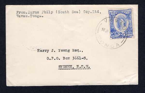 TONGA - 1941 - CANCELLATION: Burns Philp South Sea Co. Cover franked with 1942 2½d bright ultramarine (SG 77) tied by large VAVAU cds. Addressed to SYDNEY, AUSTRALIA with NUKUALOFA transit cds on reverse.  (TON/3787)