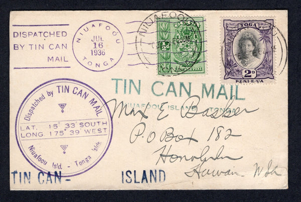 TONGA - 1936 - TIN CAN MAIL & DESTINATION: Cover franked with 1920 ½d green and 2d black & blackish lilac (SG 55 & 57e) tied by NIUAFOOU cds's dated JUL 16 1936 with various other 'Tin Can Mail' markings and cachets on front & reverse. Addressed to HAWAII with PAGO PAGO SAMOA transit mark on reverse.  (TON/39343)