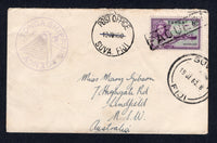 TONGA - 1960 - MARITIME: Cover franked with 1953 8d emerald & deep reddish violet (SG 109) tied by large boxed 'PAQUEBOT' marking in black with illustrated 'TONGA SHIPPING AGENCY' cachet in purple alongside. Addressed to AUSTRALIA with two different SUVA, FIJI transit cds's on front.  (TON/40304)