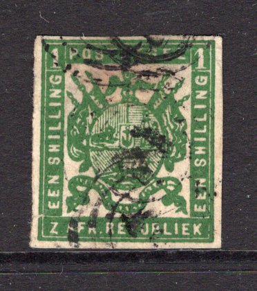 TRANSVAAL - 1870 - CLASSIC ISSUES: 1/- deep green 'First Republic' issue 'Viljoen' printing, blotchy heavy impression on medium paper, imperf. A fine used copy. (SG 20)  (TRA/13537)