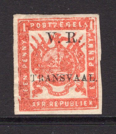 TRANSVAAL - 1877 - FIRST BRITISH OCCUPATION ISSUES: 1d bright orange red on stout hard surfaced paper with 'V. R. TRANSVAAL' overprint in black, imperf. A fine mint copy with full gum. (SG 98)  (TRA/13538)