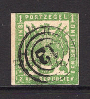 TRANSVAAL - 1877 - CLASSIC ISSUES: 1/- yellow green 'New Printing' on coarse soft white paper with 'V. R. TRANSVAAL' overprint in black, imperf. A good used copy with tight to good margins, just touching at top used with fine strike of concentric circles Numeral '12' cancel of MIDDELBURG. (SG 104)  (TRA/13542)