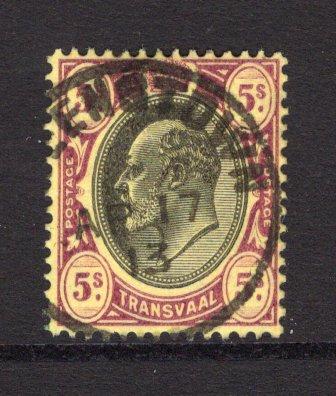 TRANSVAAL - 1913 - INTERPROVINCIAL USE: 5/- black & purple on yellow EVII issue, a superb used copy with fine strike of QUEENSTOWN cds dated APR 17 1913 used in the Cape of Good Hope during the inter-provincial period. (SG 270)  (TRA/13561)