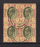TRANSVAAL - 1913 - MULTIPLE & INTERPROVINCIAL USE: 5/- black & purple on yellow EVII issue, a superb used block of four with central strike of KIMBERLEY cds dated 13 JUN 1913 used in the Cape of Good Hope during the inter-provincial period. (SG 270)  (TRA/13563)