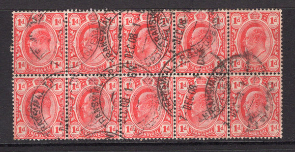TRANSVAAL - 1908 - MULTIPLE & TRAVELLING POST OFFICES: 1d scarlet EVII issue, a fine used block of ten with multiple strikes of TRANSVAAL T.P.O. EUROPEAN MAIL cds dated 7 DEC 1908. (SG 274)  (TRA/13565)
