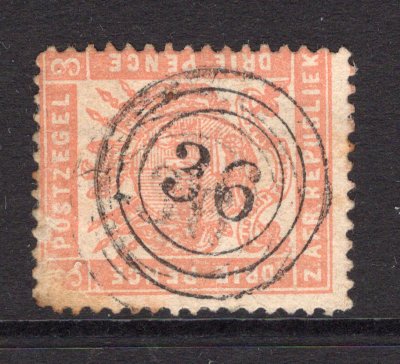 TRANSVAAL - 1883 - CANCELLATION: 3d pale red 'Second Republic' issue used with fine central strike of concentric circles Numeral '36' cancel of STEELPOORT. (SG 173)  (TRA/13570)