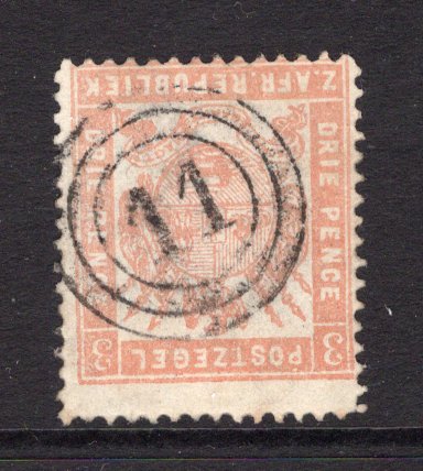 TRANSVAAL - 1883 - CANCELLATION: 3d pale red 'Second Republic' issue used with fine central strike of concentric circles Numeral '11' cancel of UTRECHT. (SG 173)  (TRA/13571)